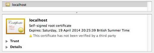 Self-signed localhost certificate as shown in Safari